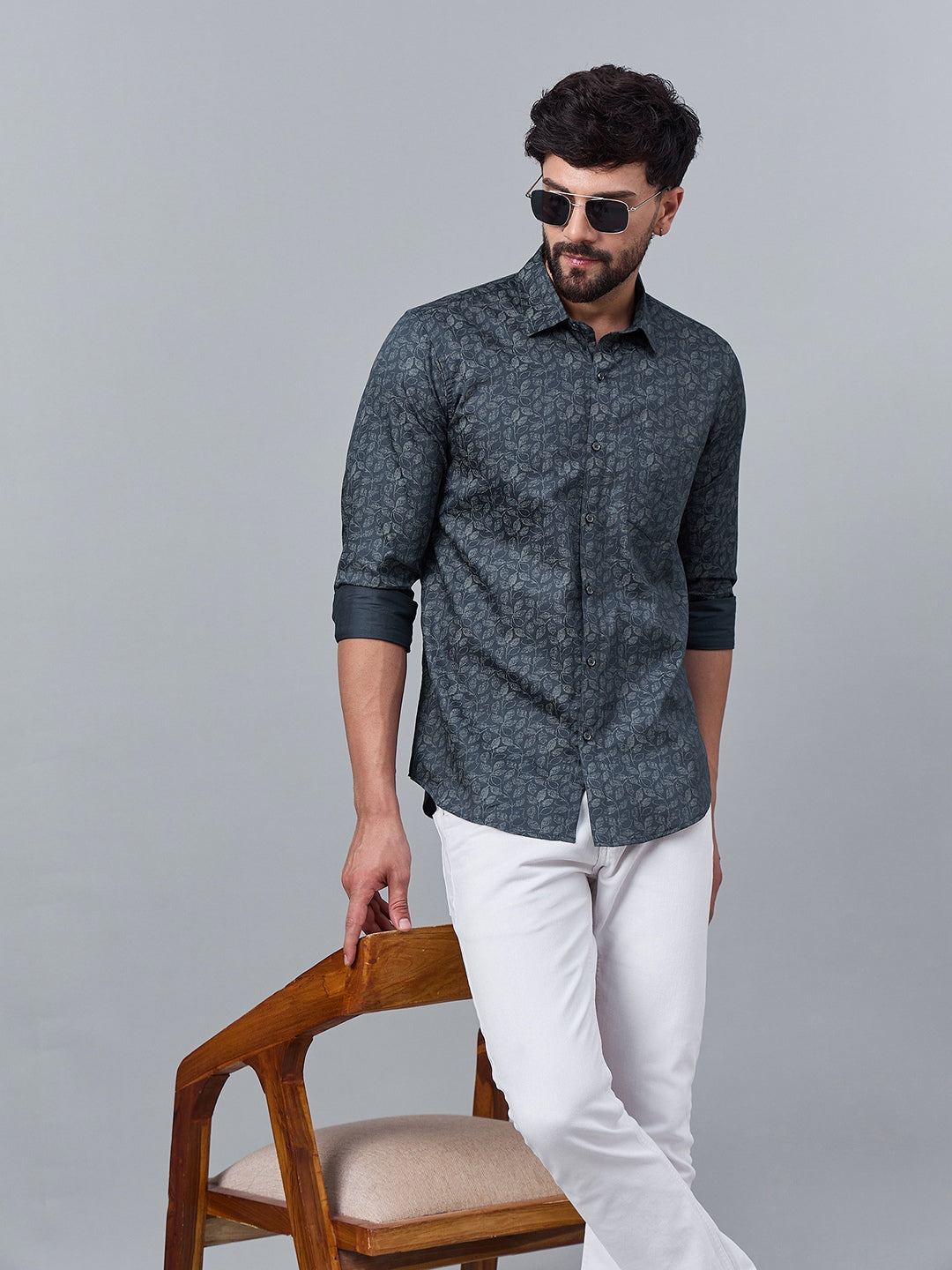 Men Slate Green Satin Shirt with Subtle Leaf Print
