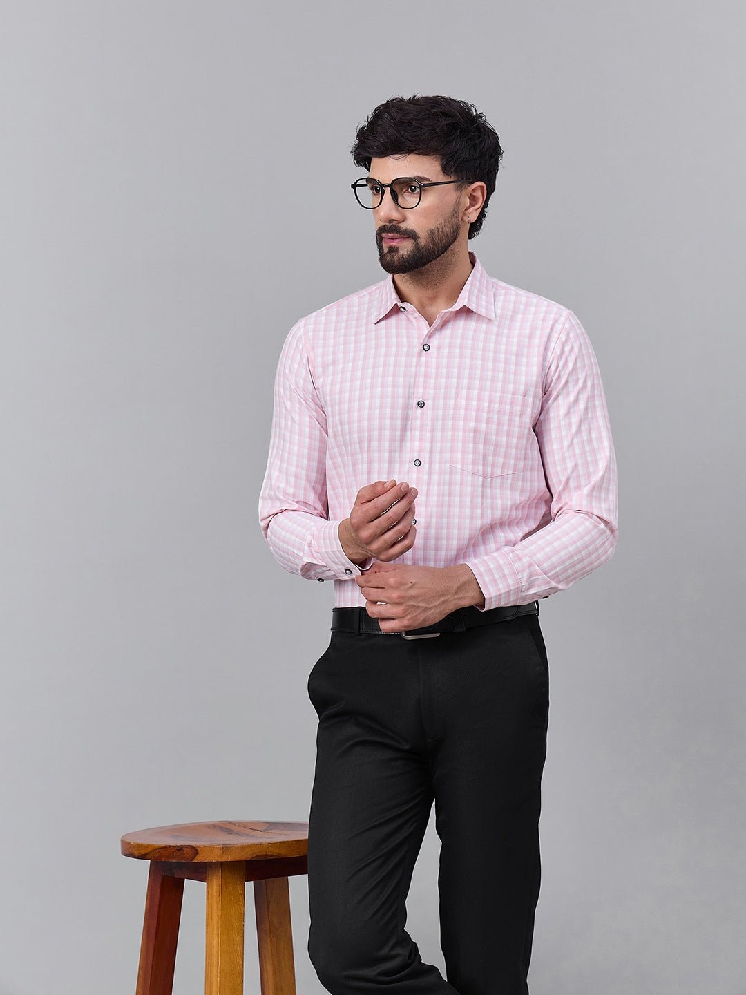 Men Light Pink Micro-Checkered Cotton Shirt