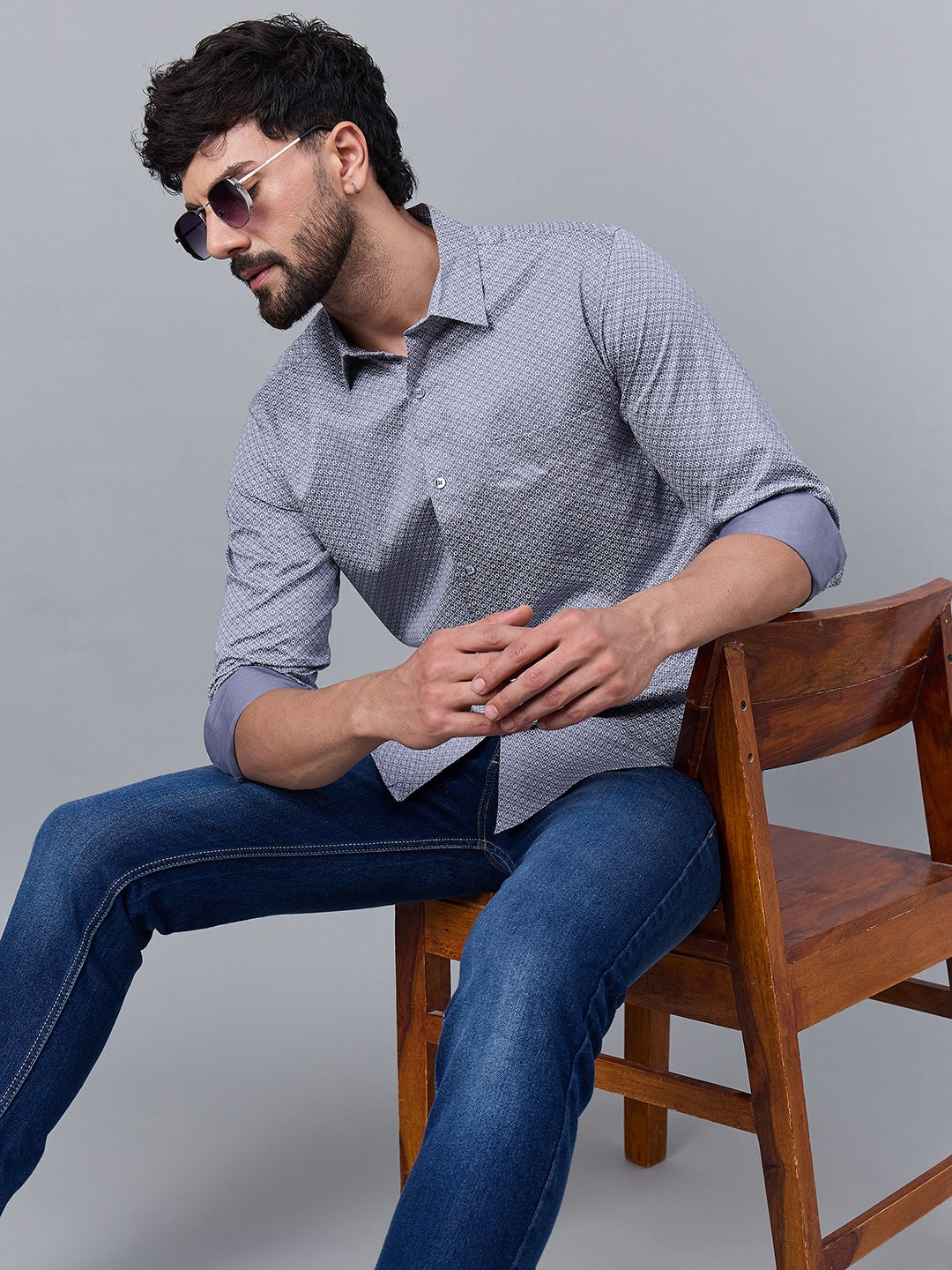 Men Classic Grey Satin Micro Diamond Print shirt