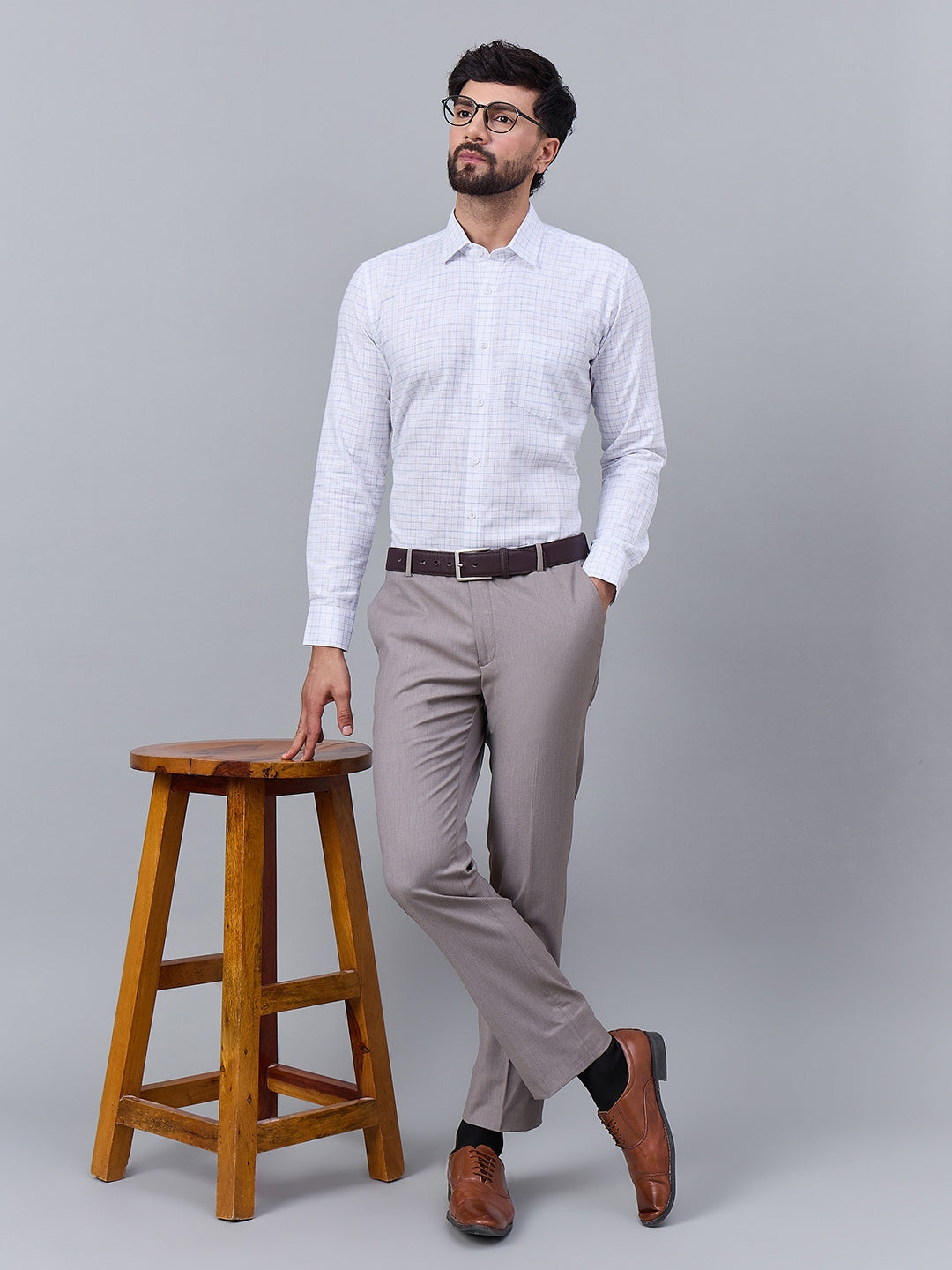 Men White and Blue Slub Checked Shirt