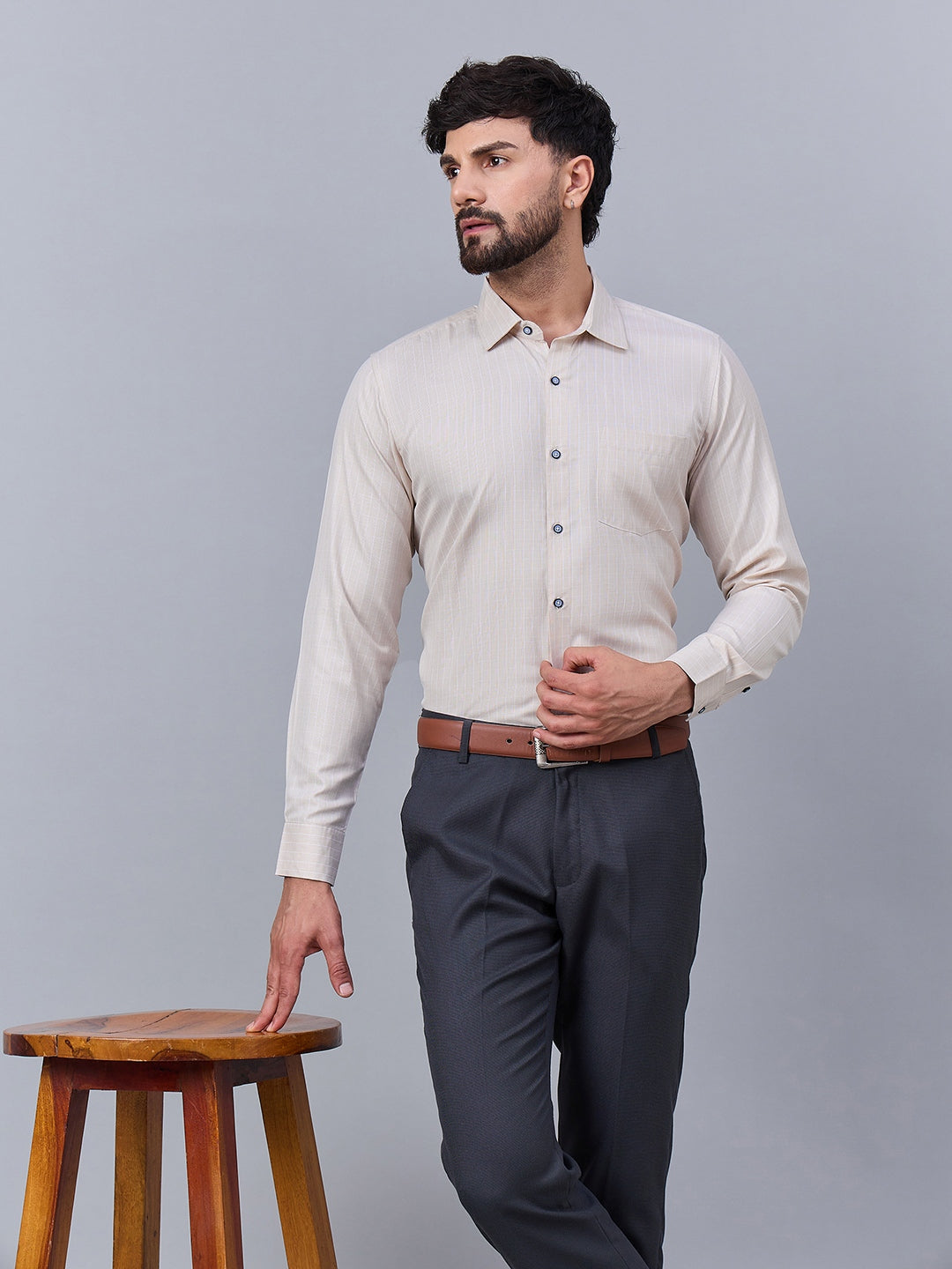 Men Beige Fine Checkered Cotton Shirt