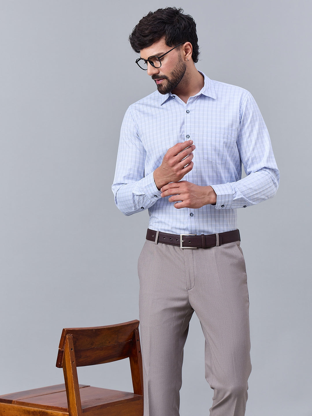 Men Sky Blue Micro-Checkered Cotton Shirt