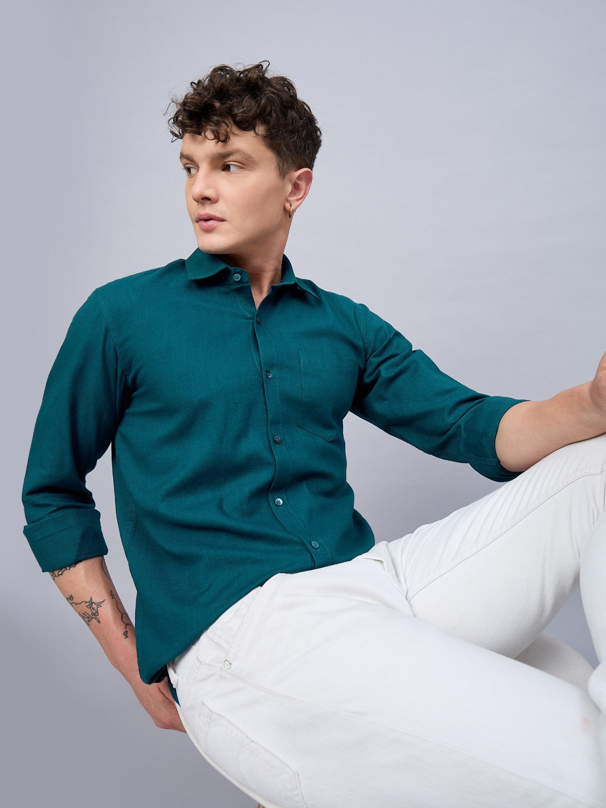 Men Deep Teal Slub Cotton Shirt