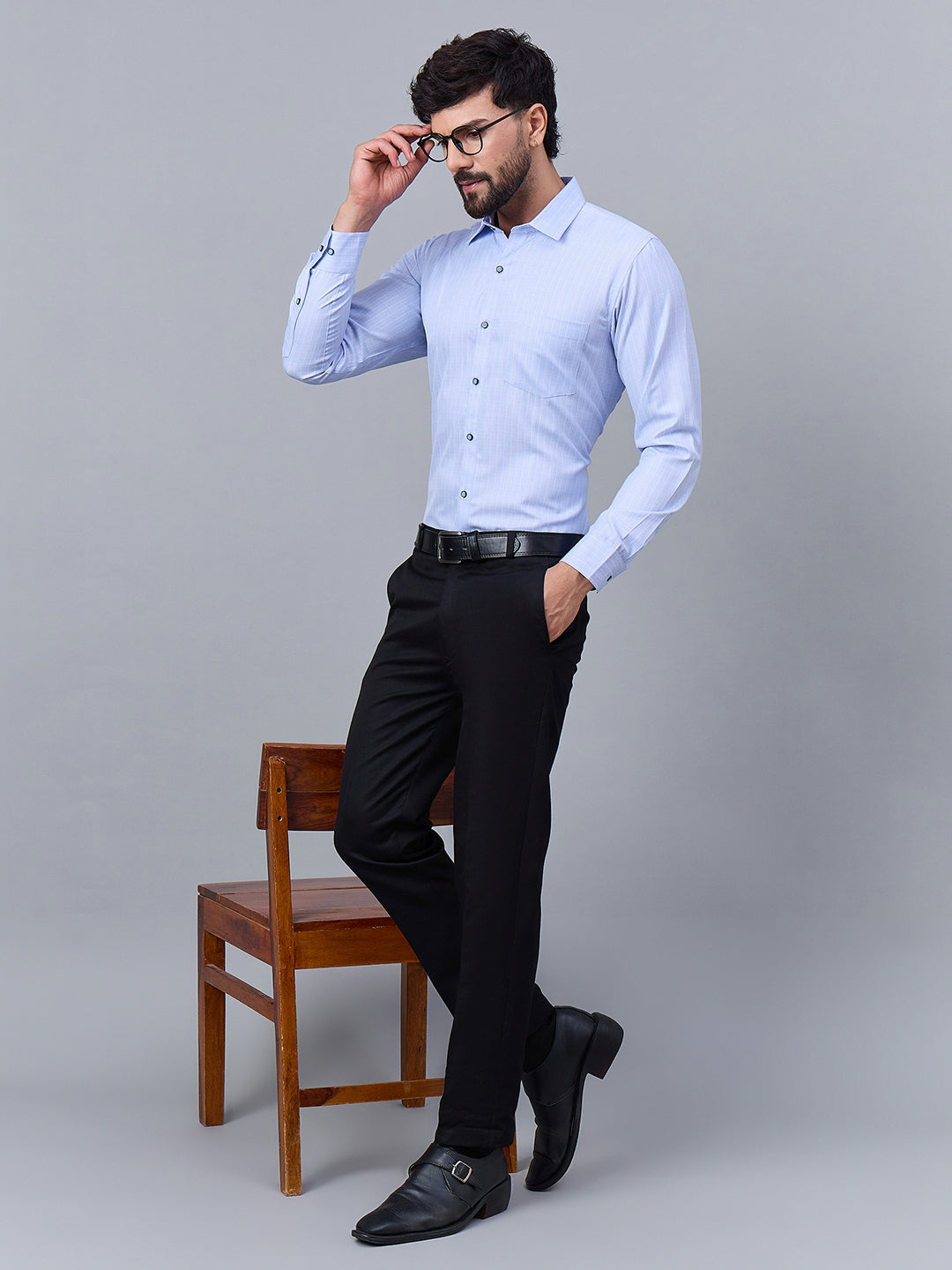 Light Blue Fine Check Formal Cotton Shirt for Men