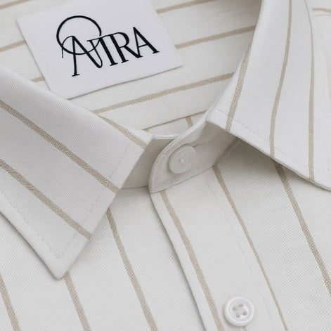 Elegant White Slub Cotton Shirt with Beige Vertical Stripes