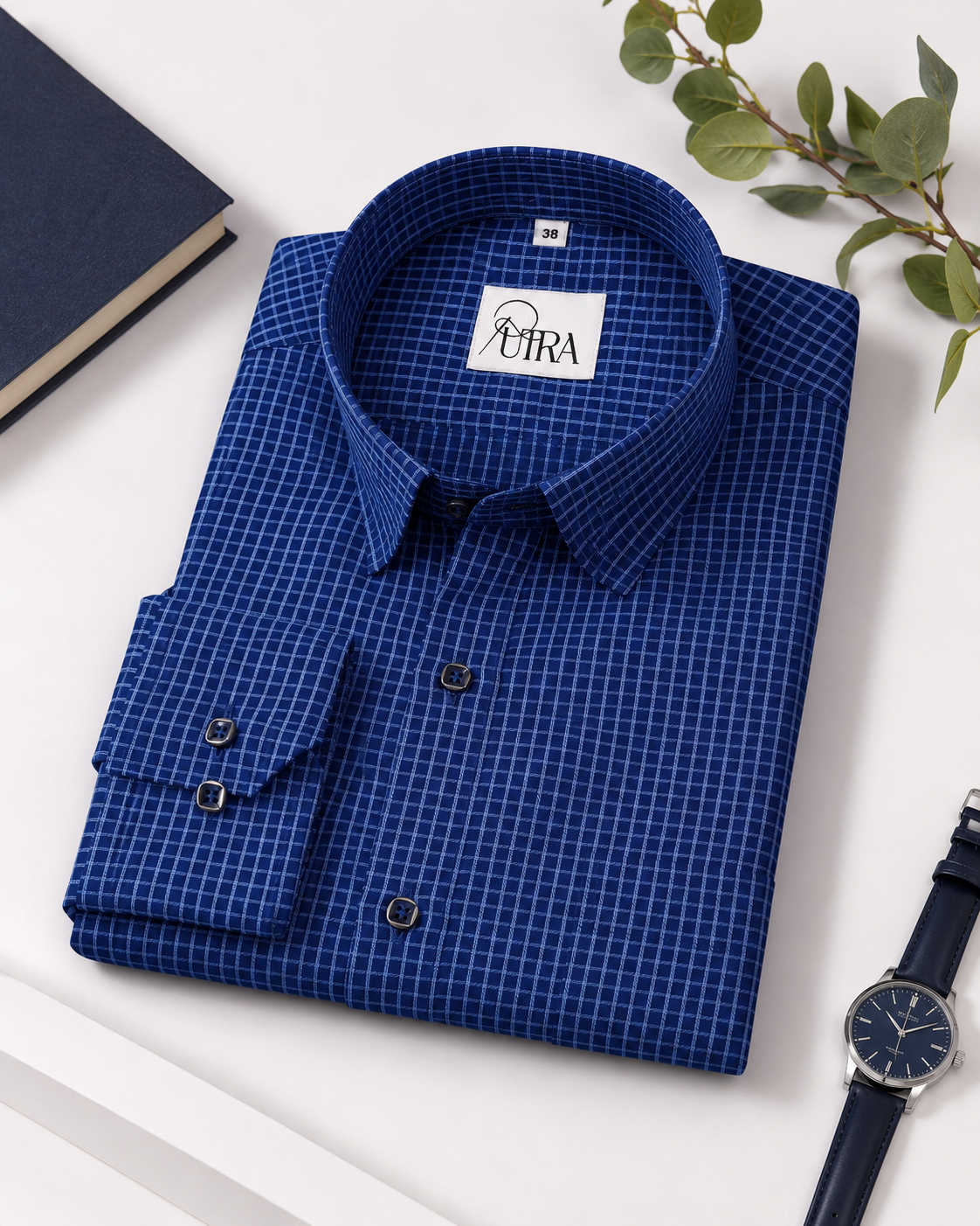 Refined 100% Cotton Yarn-Dyed Shirt – Navy Blue with Grid Checks