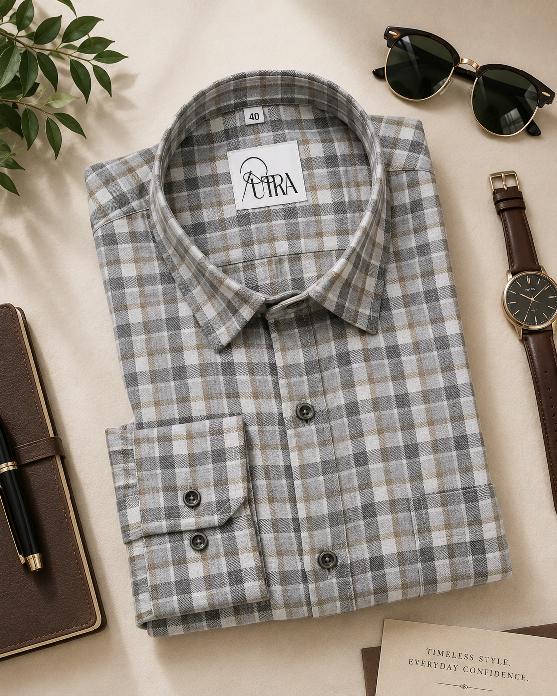 Elegant Grey and Brown Checked Cotton Shirt