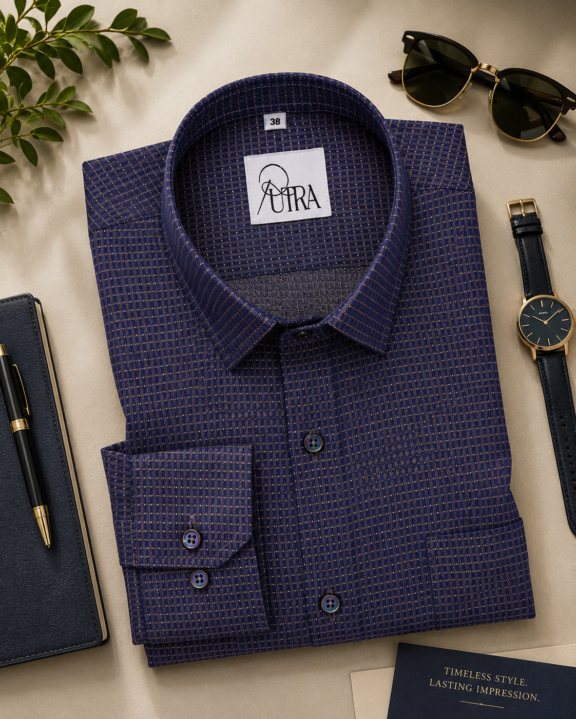 Elegant 100% Cotton Yarn-Dyed Shirt – Classic Navy with Subtle Micro Pattern