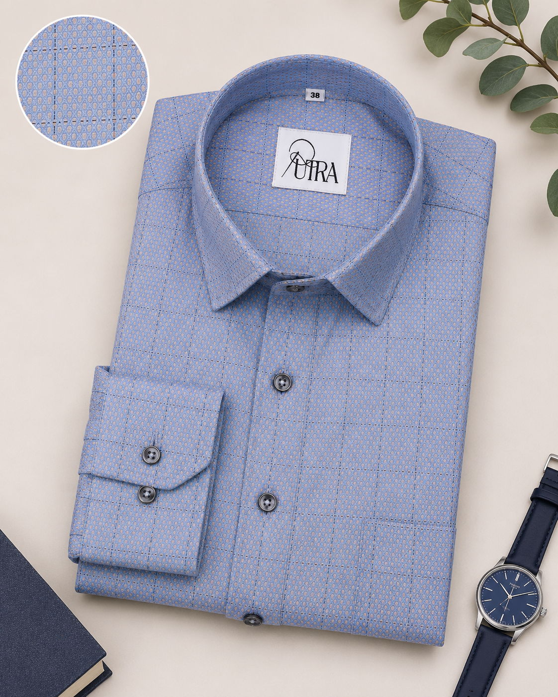 Premium 100% Cotton Yarn-Dyed Shirt – Sky Blue with Geometric Pattern