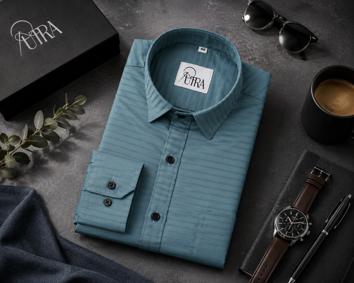 Men ocean blue Lycra Striped Shirt