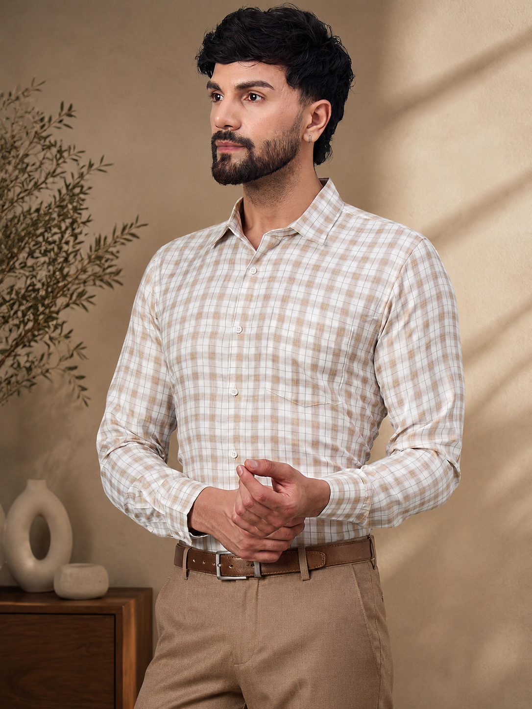 Men Beige & White Soft Checkered Cotton Shirt