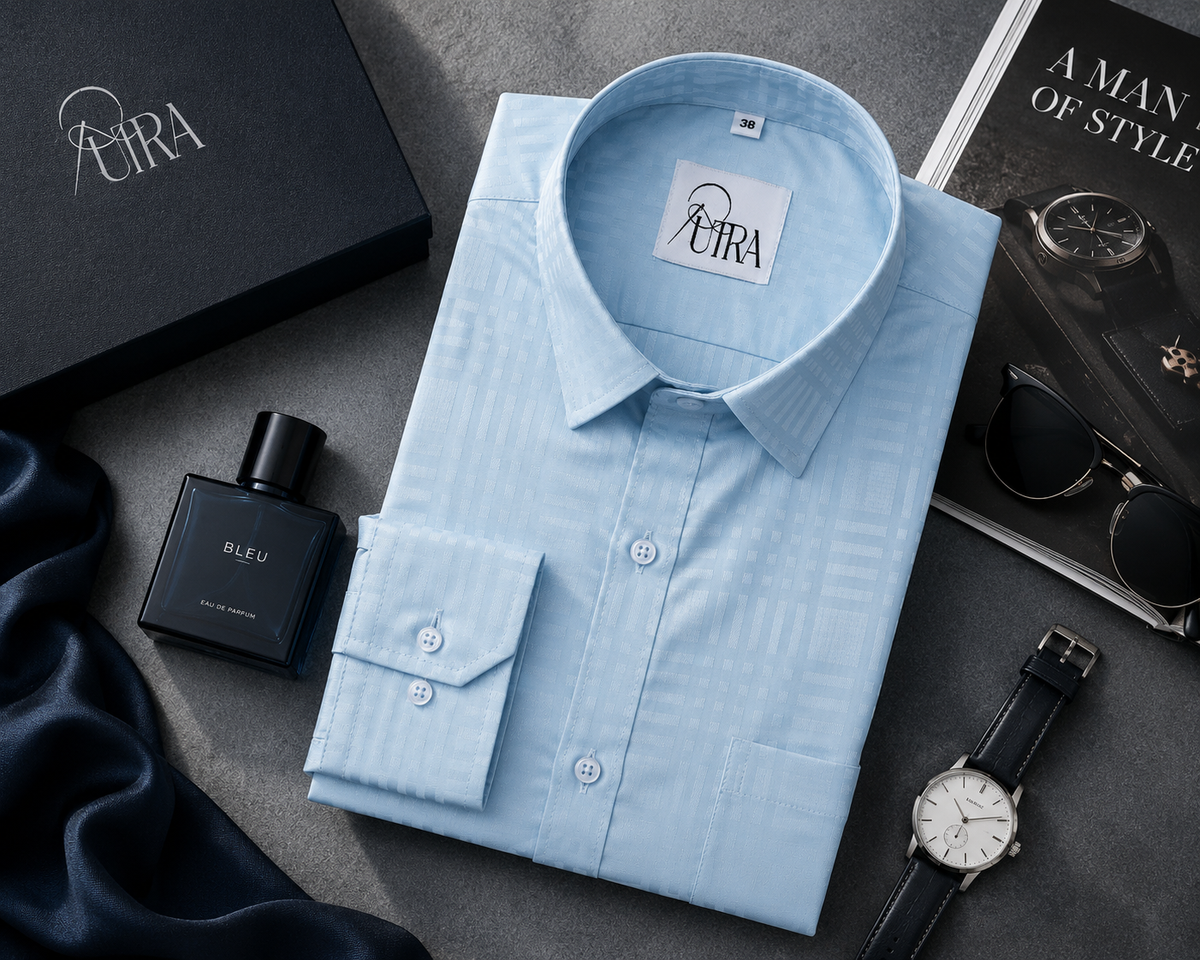 Men Sky Blue Lycra checked Shirt