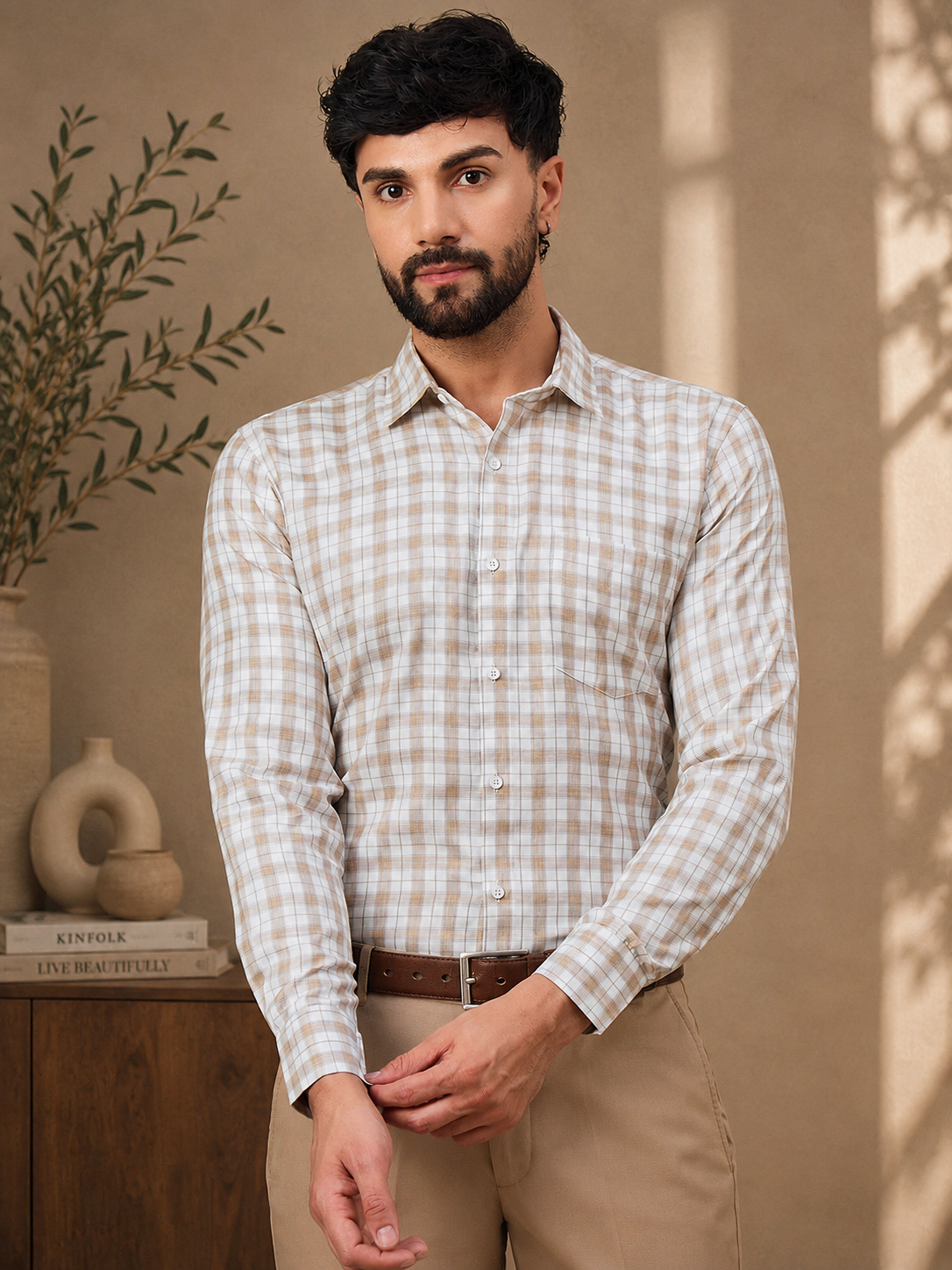Men Beige & White Soft Checkered Cotton Shirt