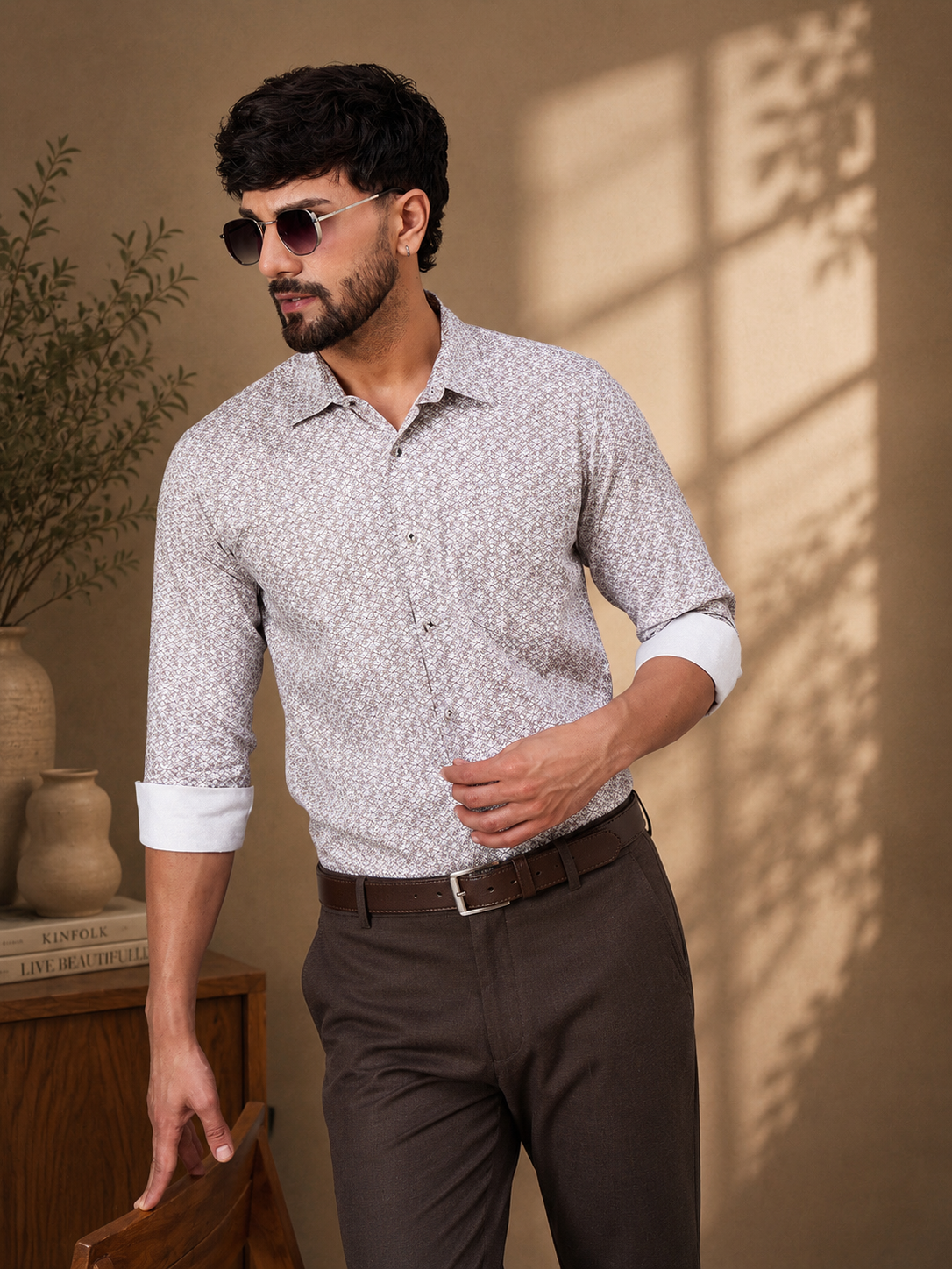 Elegant Mauve Satin Abstract Geometric Print Shirt