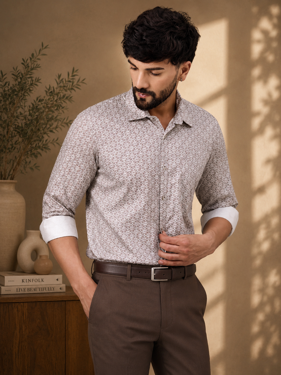 Elegant Mauve Satin Abstract Geometric Print Shirt
