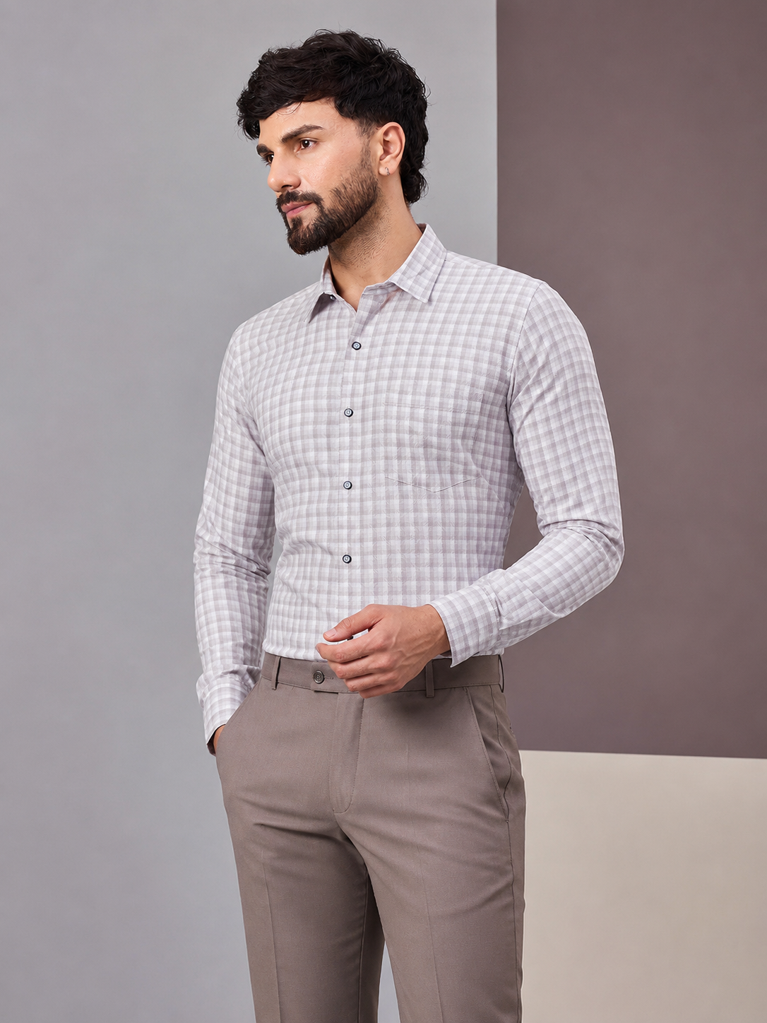 Men Light Grey and White Gingham Checked Cotton Shirt