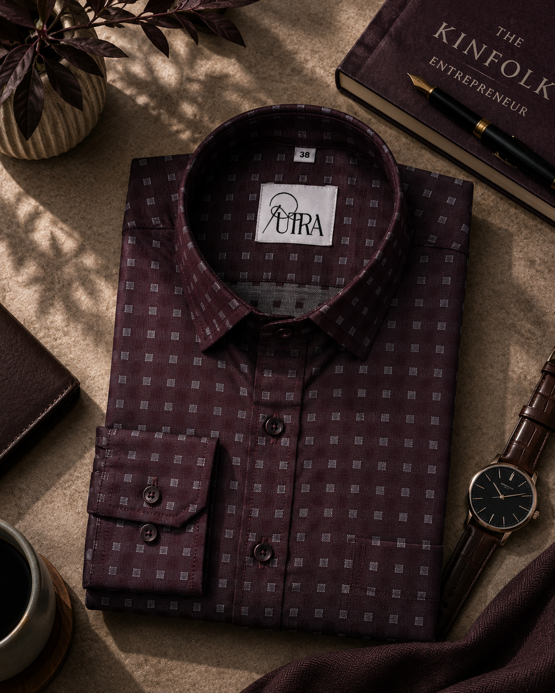 Elegant 100% Cotton Yarn-Dyed Shirt – Deep Maroon with Subtle Square Pattern