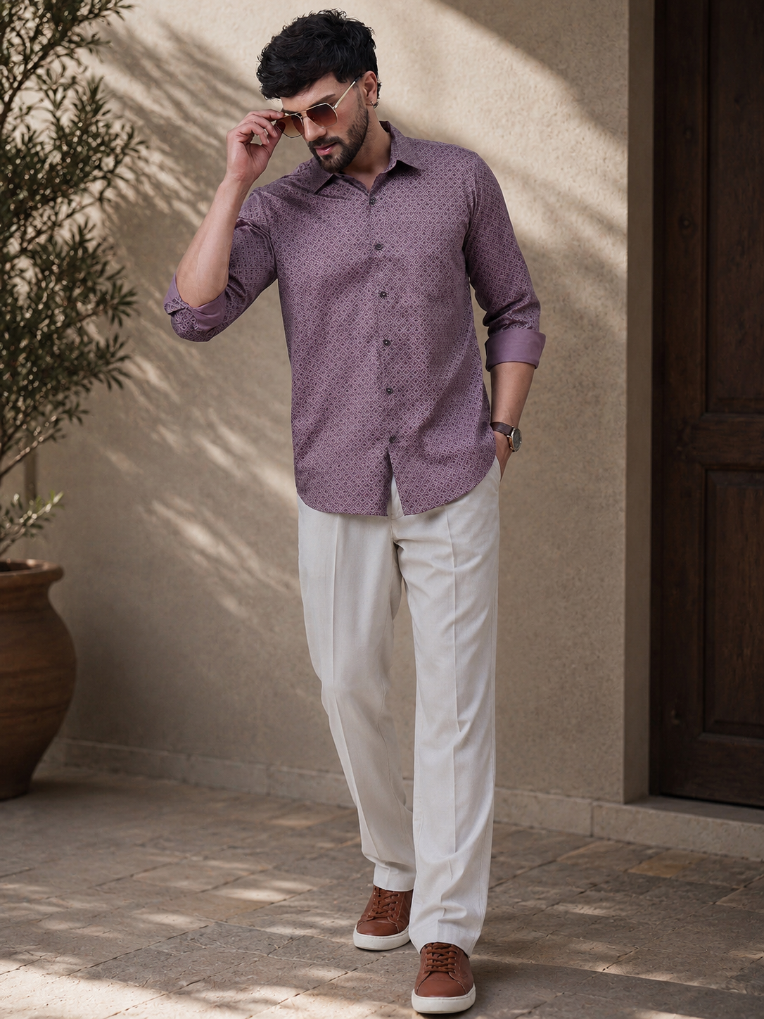 Men Mauve Geometric Printed Cotton Shirt