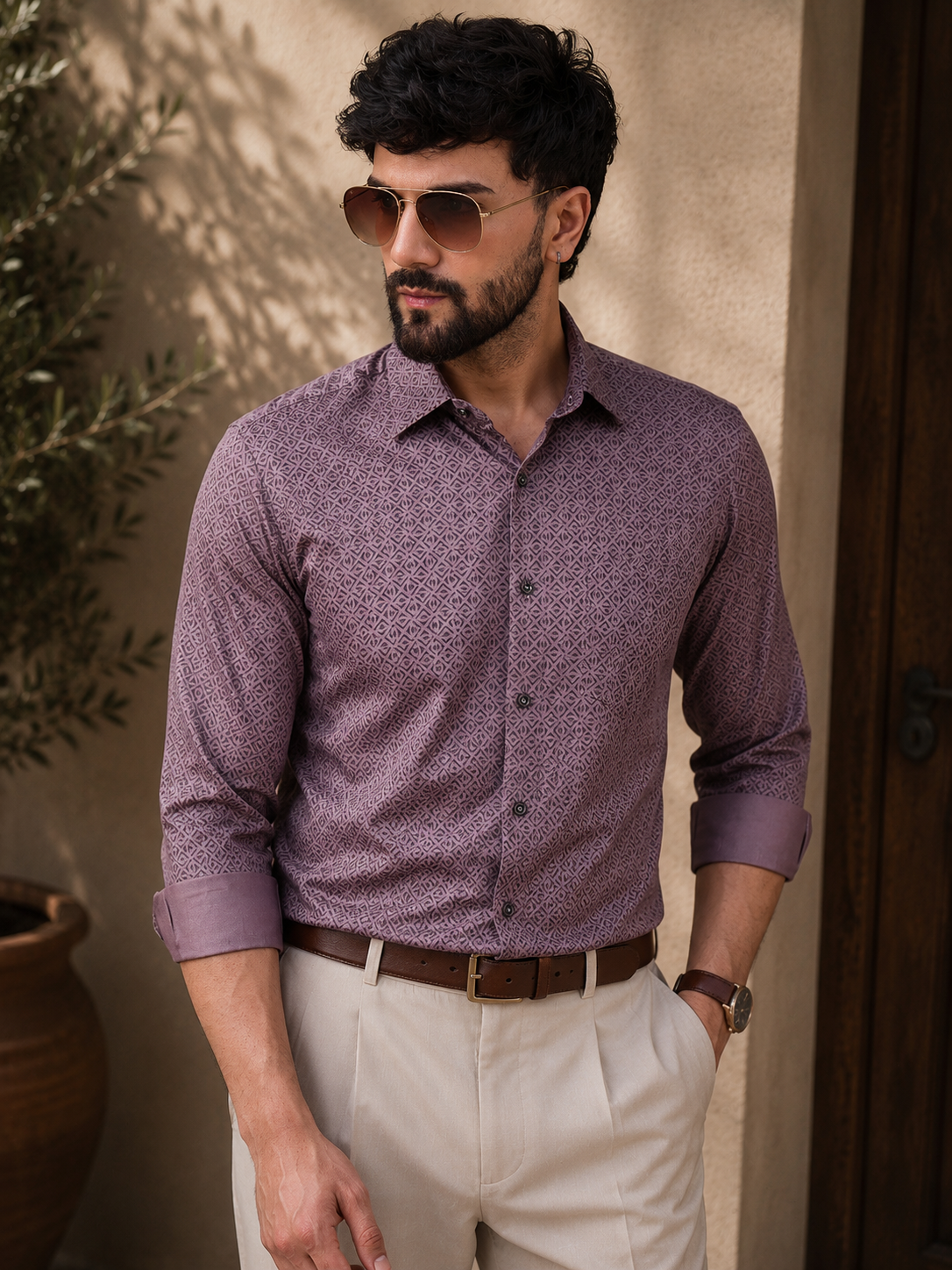 Men Mauve Geometric Printed Cotton Shirt