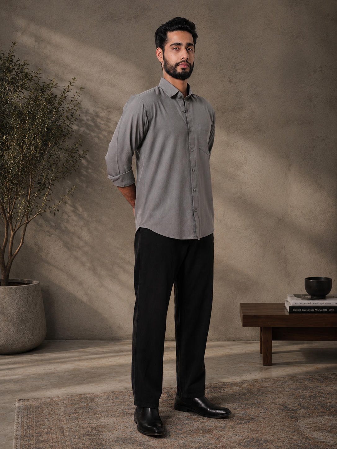 Men Classic Grey Slub Cotton Shirt