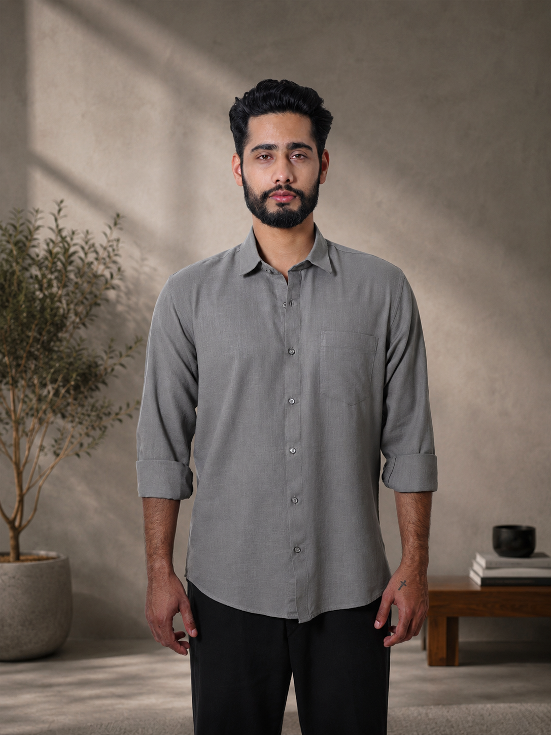 Men Classic Grey Slub Cotton Shirt