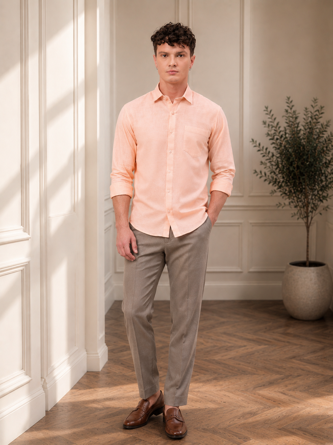 Men Peach Slub Cotton Shirt