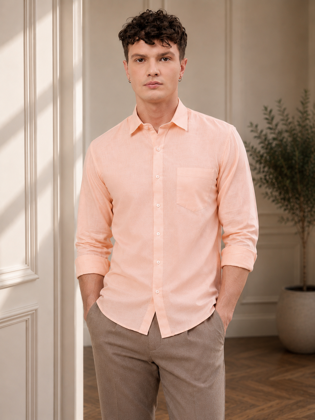 Men Peach Slub Cotton Shirt
