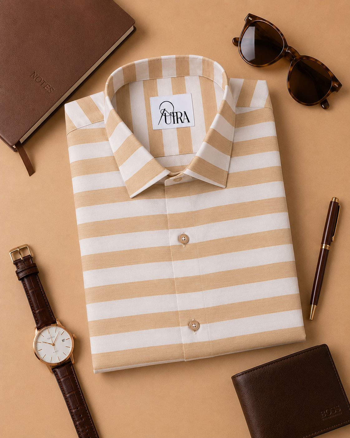 Men Premium Beige and White Striped Cotton Shirt