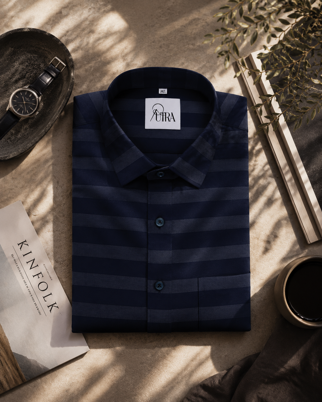Mens Midnight Navy Textured Stripe Cotton Shirt