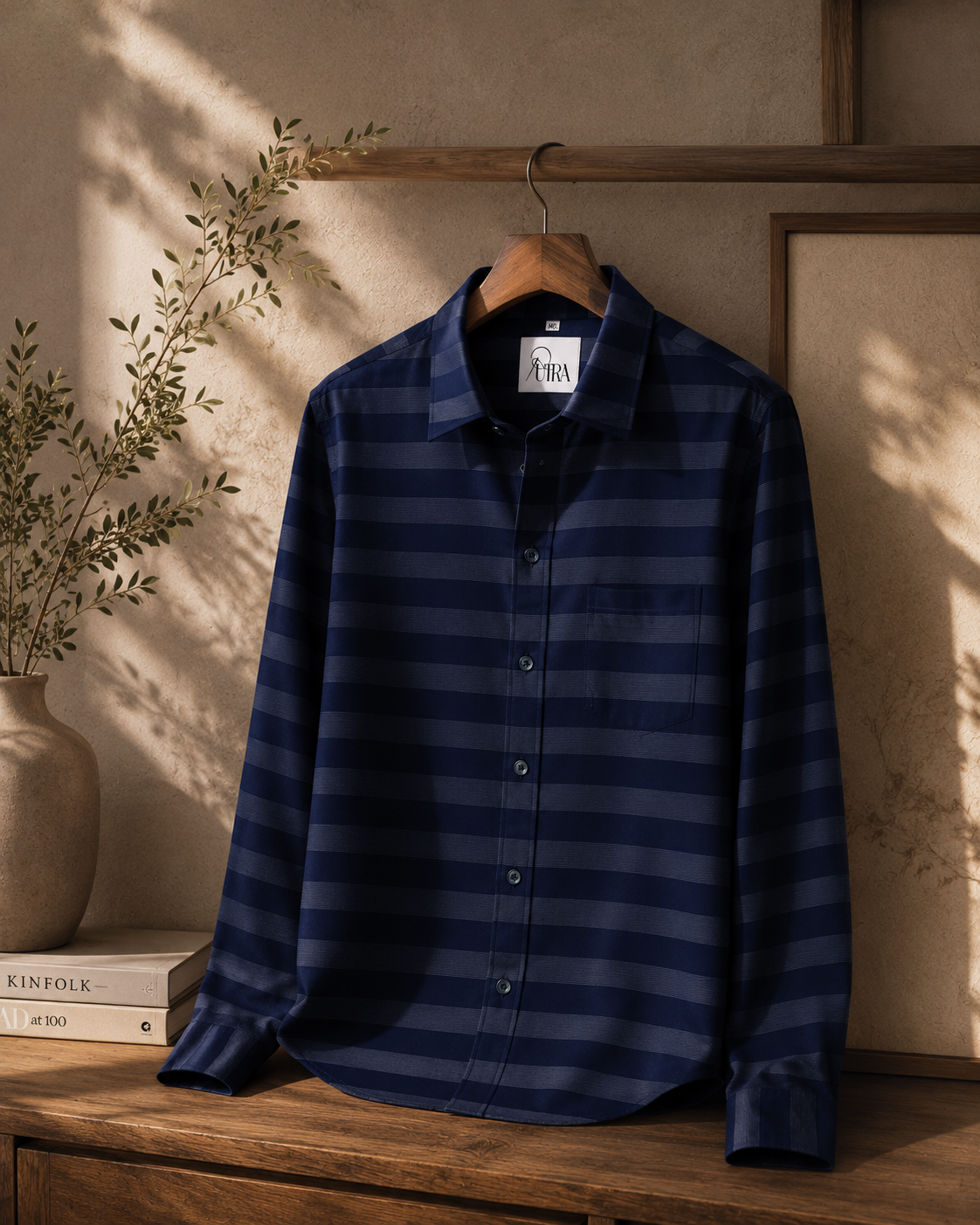 Mens Midnight Navy Textured Stripe Cotton Shirt