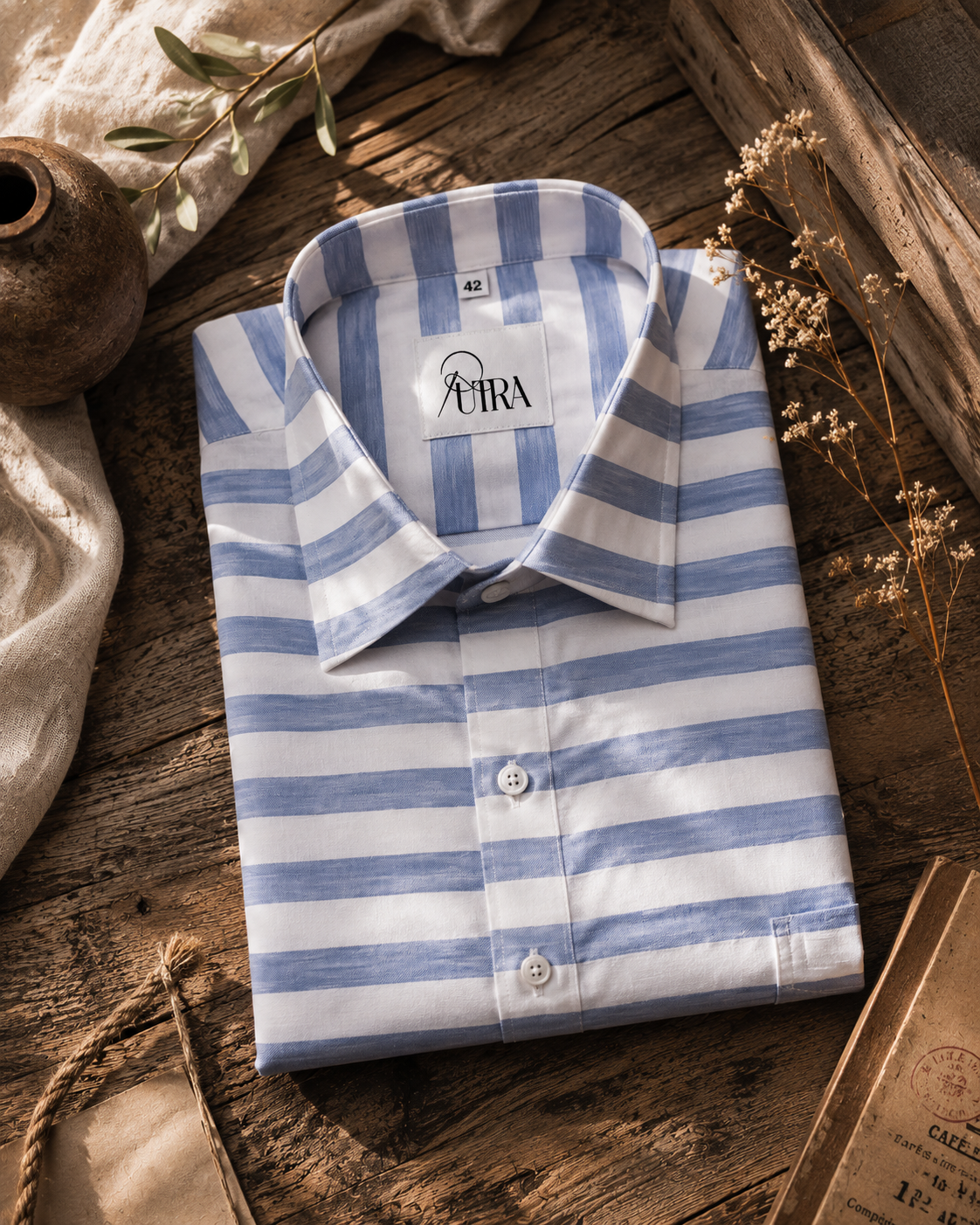 Men Sky Blue and White Striped 100% Cotton Shirt