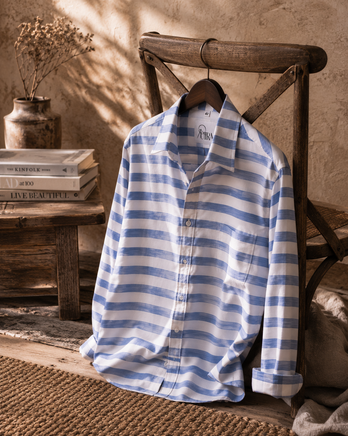 Men Sky Blue and White Striped 100% Cotton Shirt