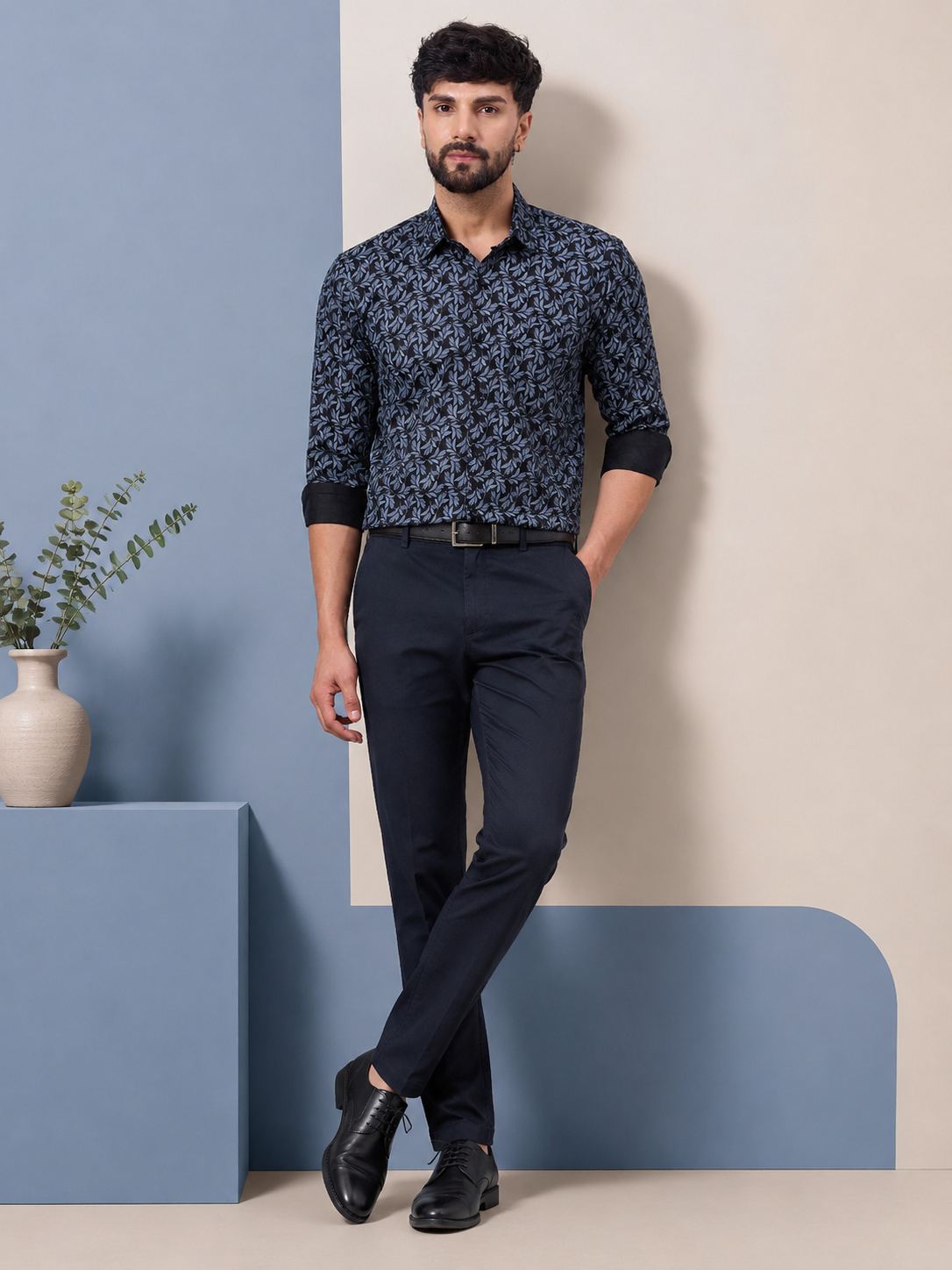 Black and Blue Cotton Leaf Print shirt