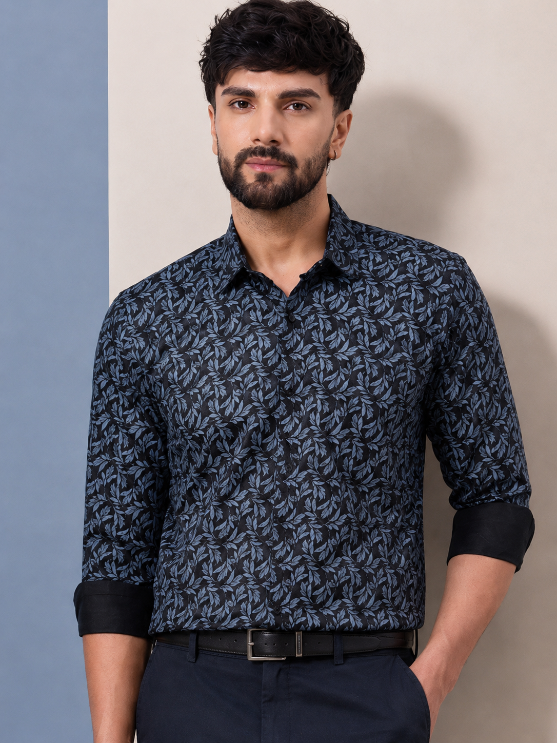 Black and Blue Cotton Leaf Print shirt