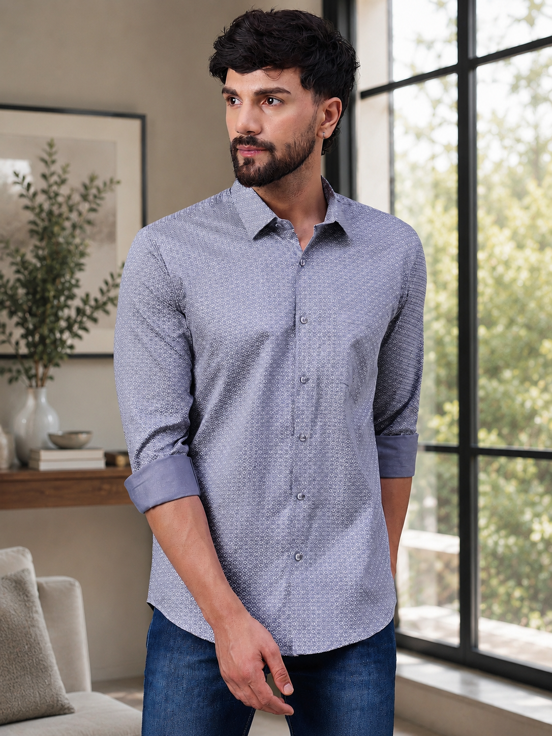 Men Classic Grey Satin Micro Diamond Print shirt
