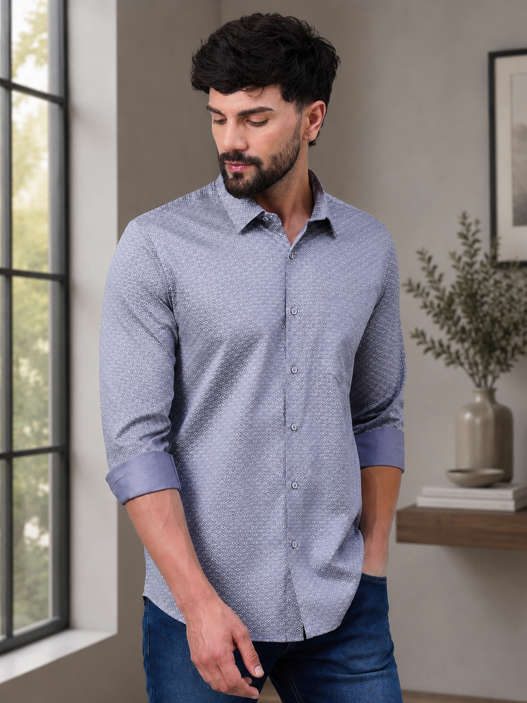 Men Classic Grey Satin Micro Diamond Print shirt