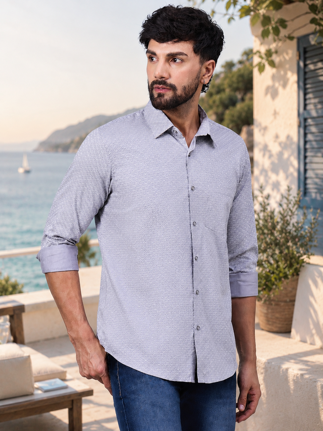 Elegant Grey Satin Printed Shirt with Geometric Pattern