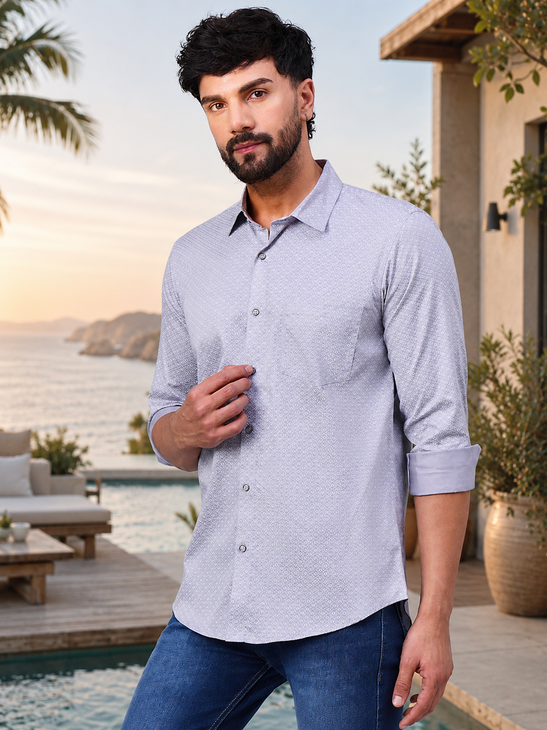 Elegant Grey Satin Printed Shirt with Geometric Pattern