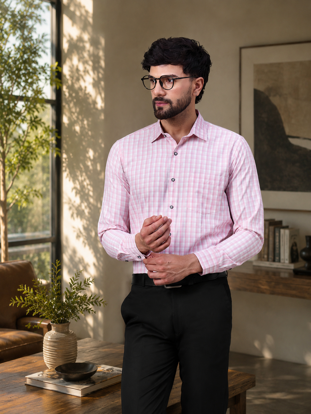 Men Light Pink Micro-Checkered Cotton Shirt