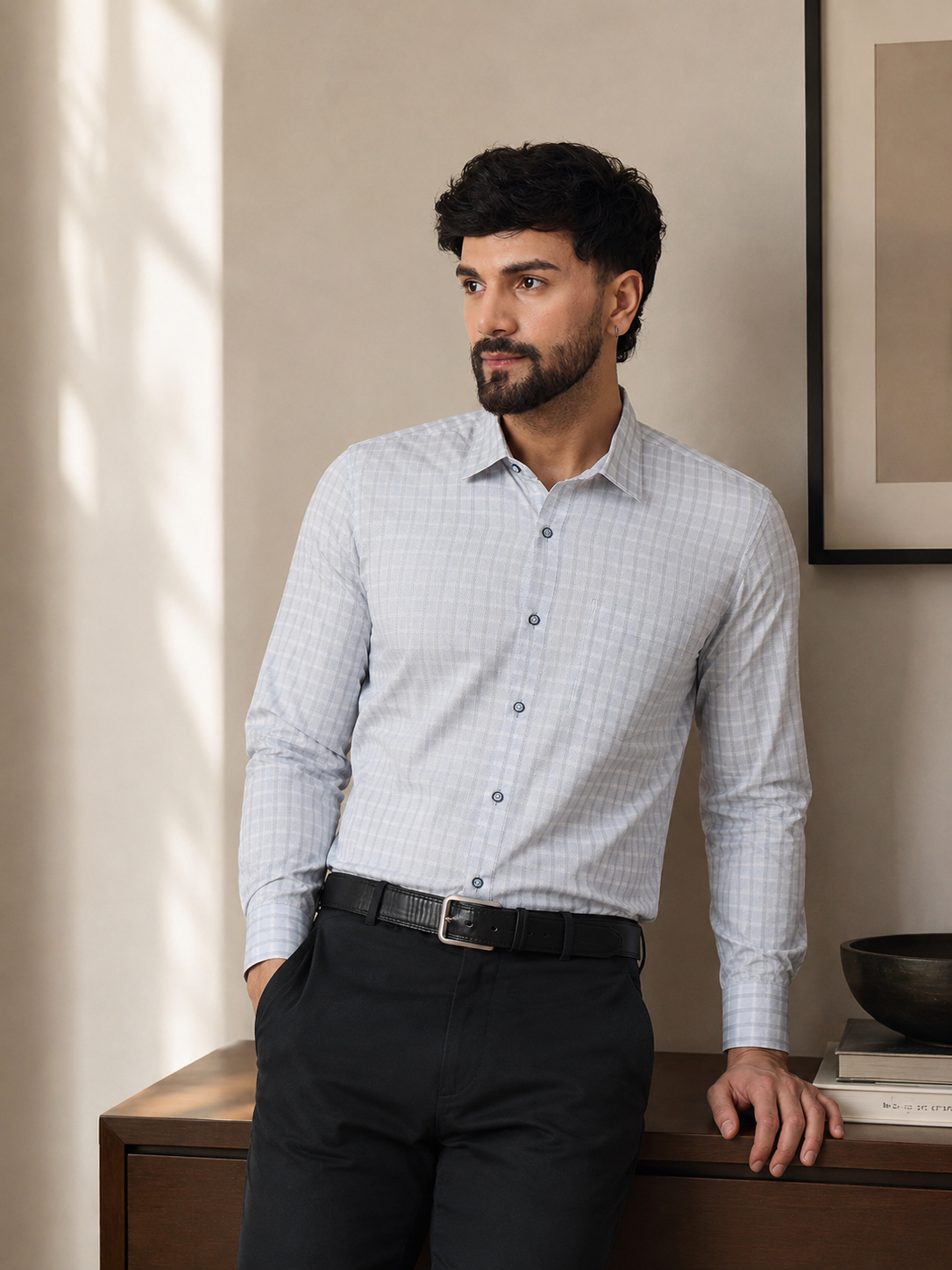 Men Mint Green Micro-Checkered Cotton Shirt