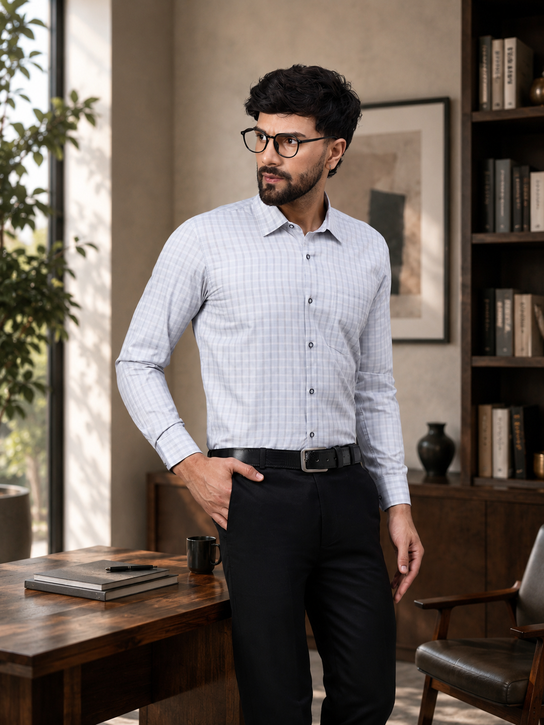 Men Mint Green Micro-Checkered Cotton Shirt