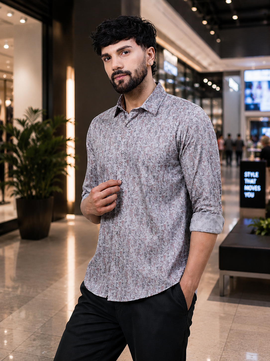 Men Subtle Pink and Grey Floral Cotton Shirt