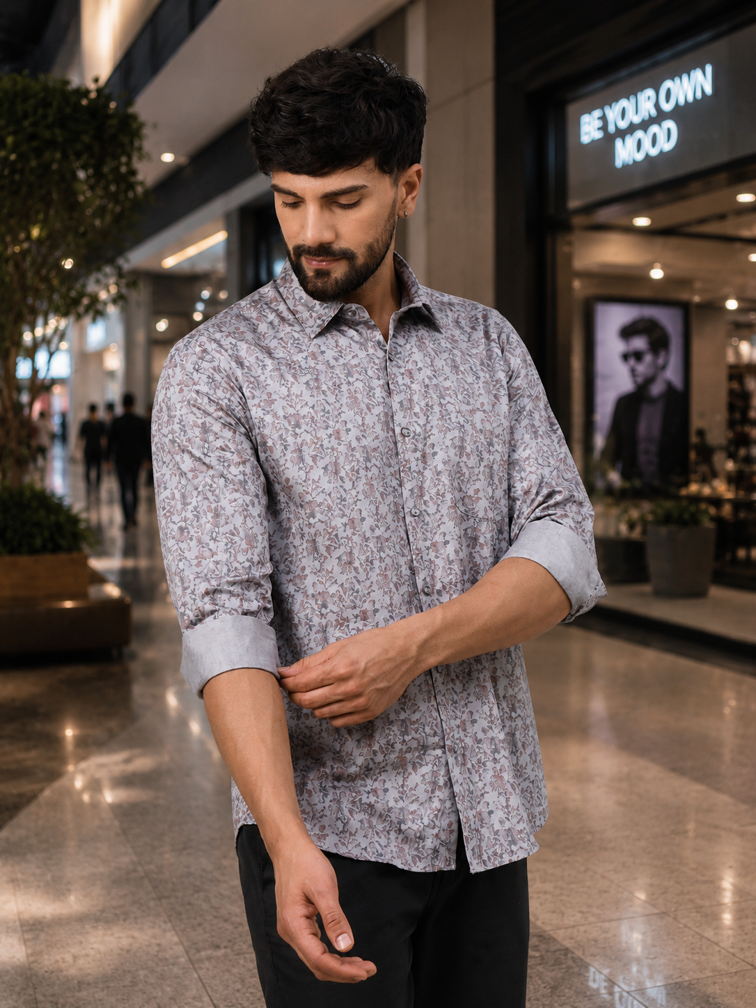 Men Subtle Pink and Grey Floral Cotton Shirt