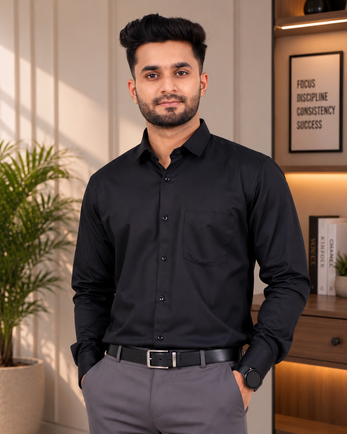 Refined Black Cotton Yarn-Dyed 100% Cotton Shirt
