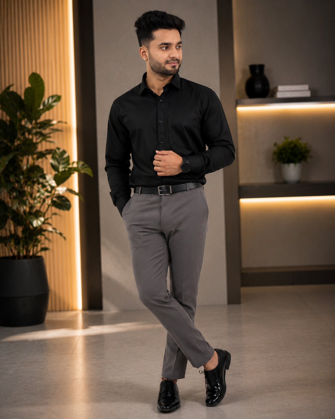 Refined Black Cotton Yarn-Dyed 100% Cotton Shirt
