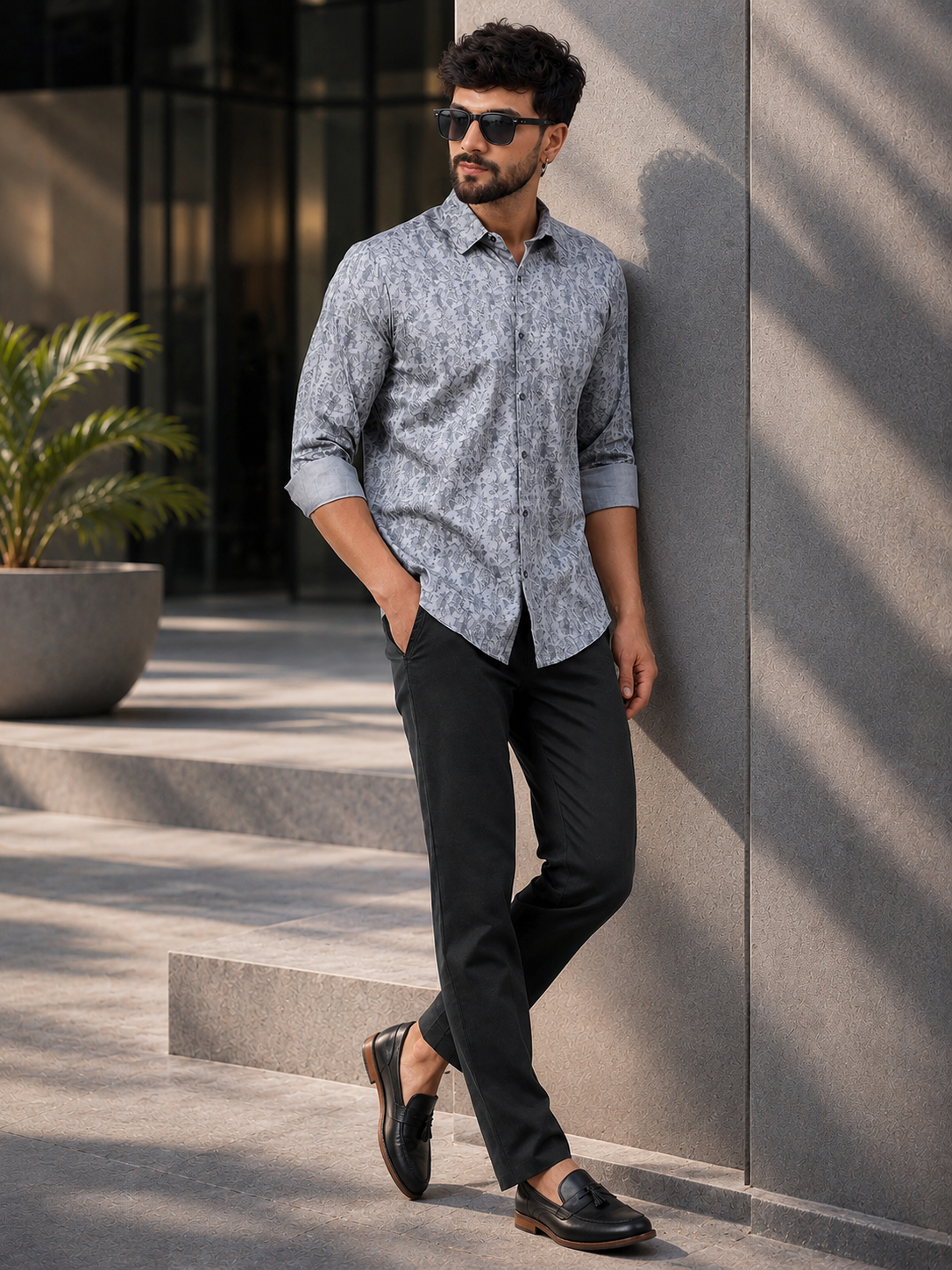 Men Grey Cotton Subtle Leafy Print Shirt