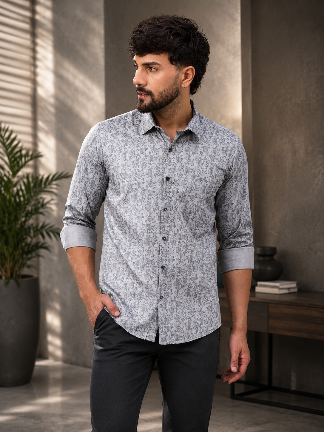 Men Grey Cotton Subtle Leafy Print Shirt