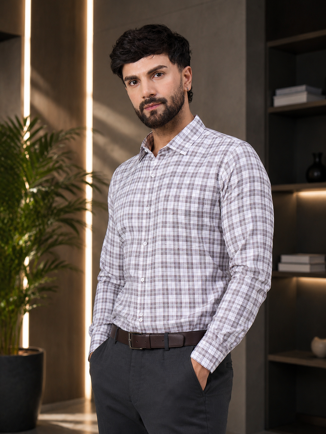 Mens Elegant White and Brown Checkered Shirt