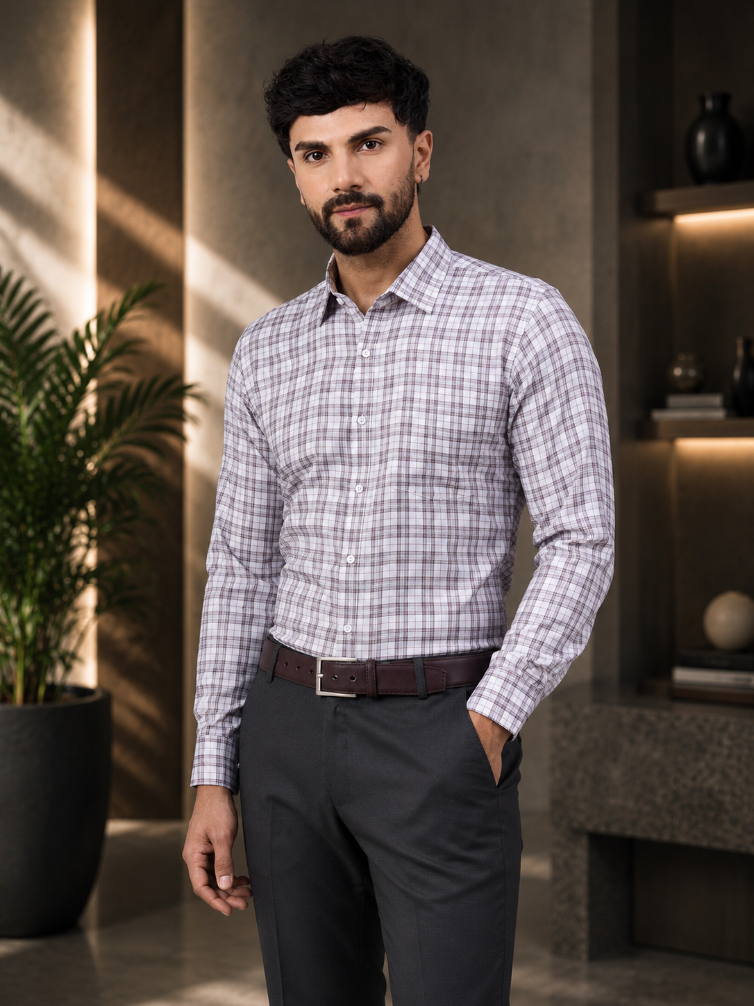 Mens Elegant White and Brown Checkered Shirt