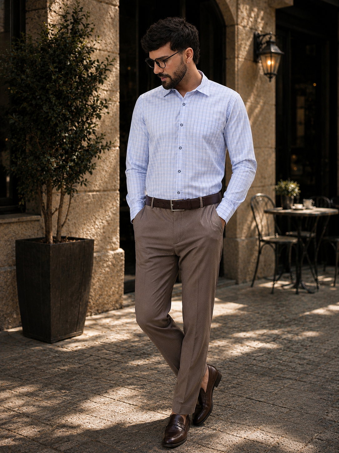 Men Sky Blue Micro-Checkered Cotton Shirt